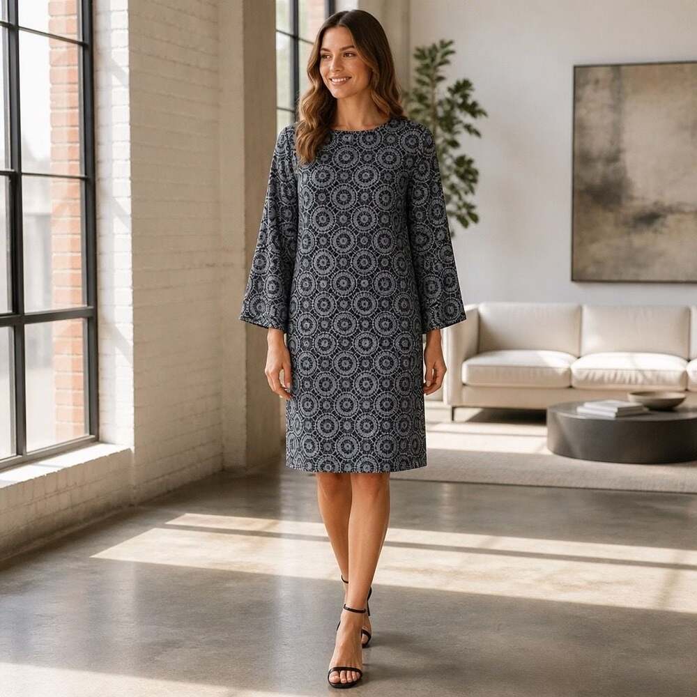 Tommy Hilfiger Black and White Patterned Crew Neck Shift Dress Size 8